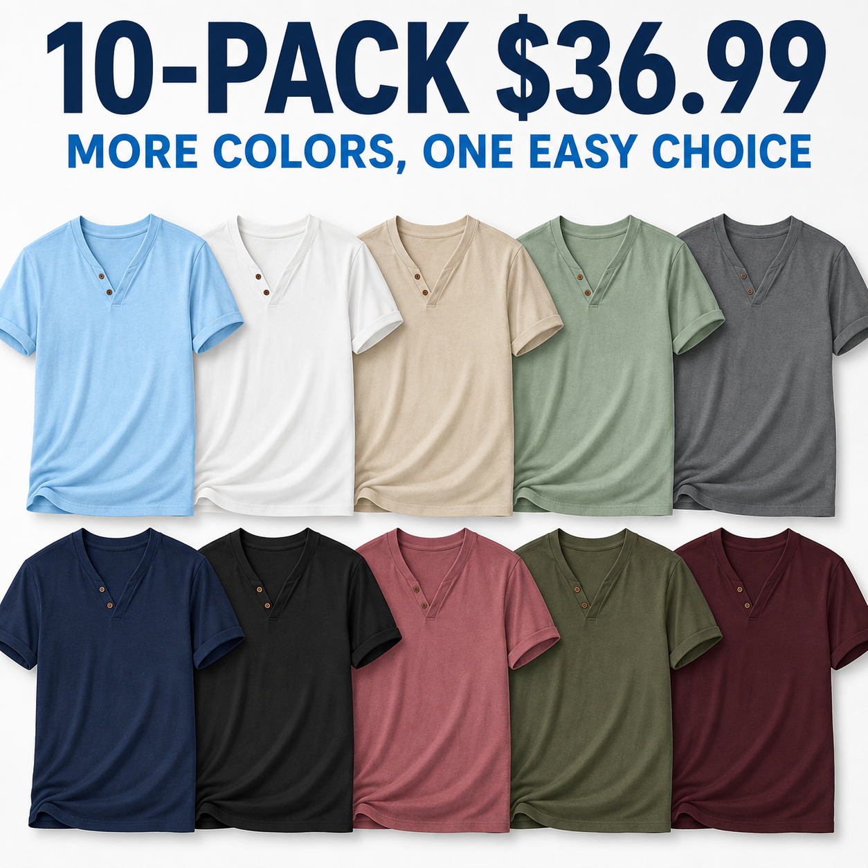 Men's Two-Button V-Neck Short-Sleeve Henley T-Shirt - 10 Piece - Complete Color Collection - 36.99 $