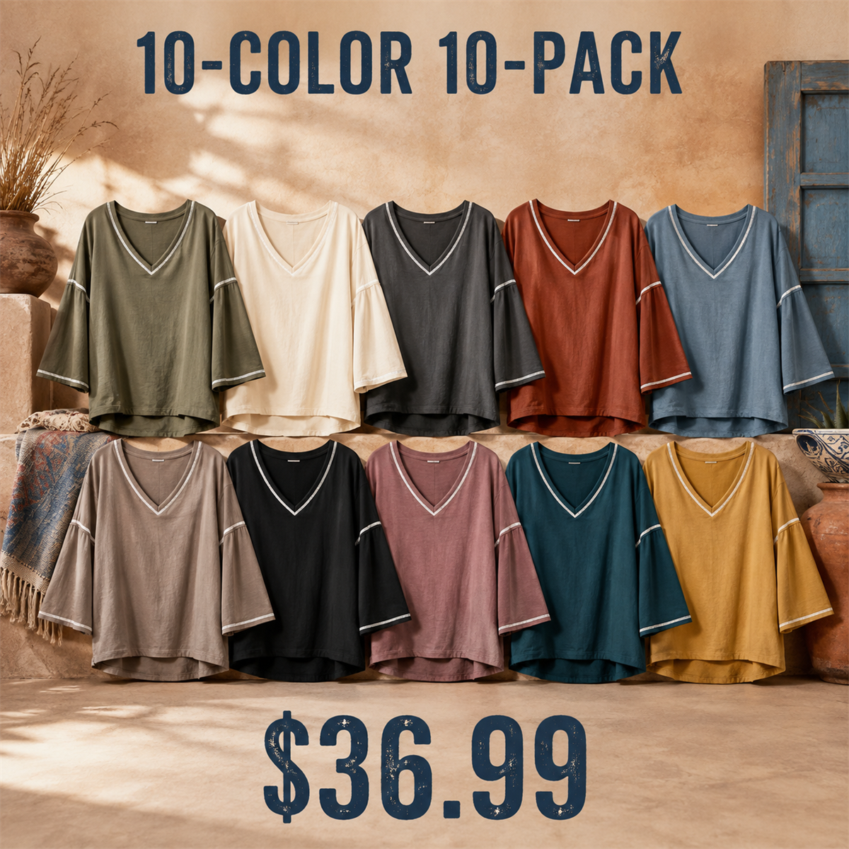 Women's Contrast-Trim Oversized V-Neck Three-Quarter-Sleeve Top - 10 Piece - Complete Color Collection - 36.99 $