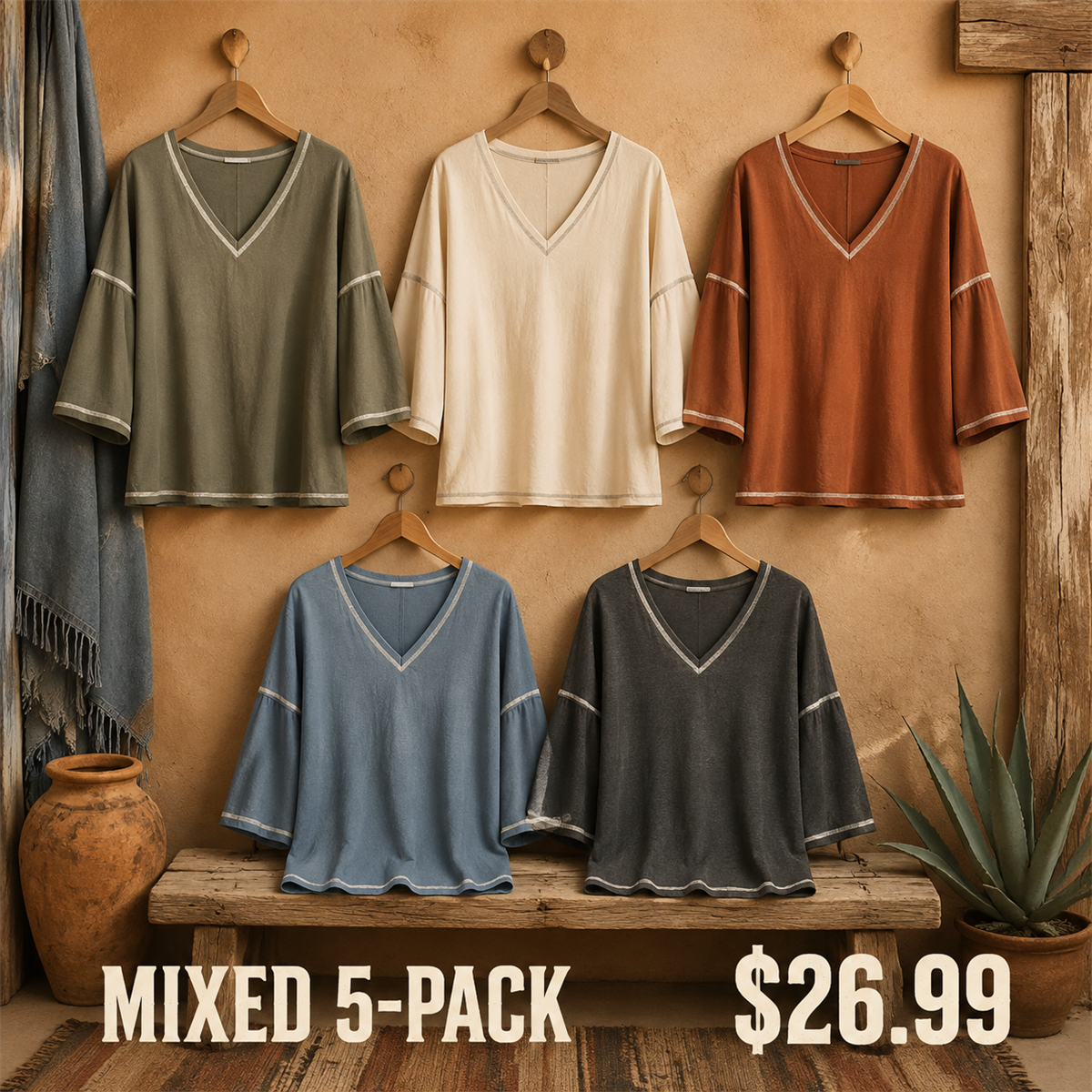 Women's Contrast-Trim Oversized V-Neck Three-Quarter-Sleeve Top - 5 Piece - Classic Color Set - 26.99 $