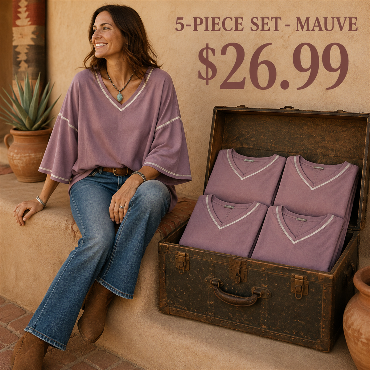 Women's Contrast-Trim Oversized V-Neck Three-Quarter-Sleeve Top - 5-Piece Sage Green Set - 26.99 $