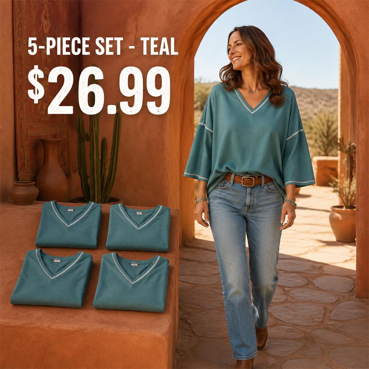 Women's Contrast-Trim Oversized V-Neck Three-Quarter-Sleeve Top - 5-Piece Terracotta Set - 26.99 $