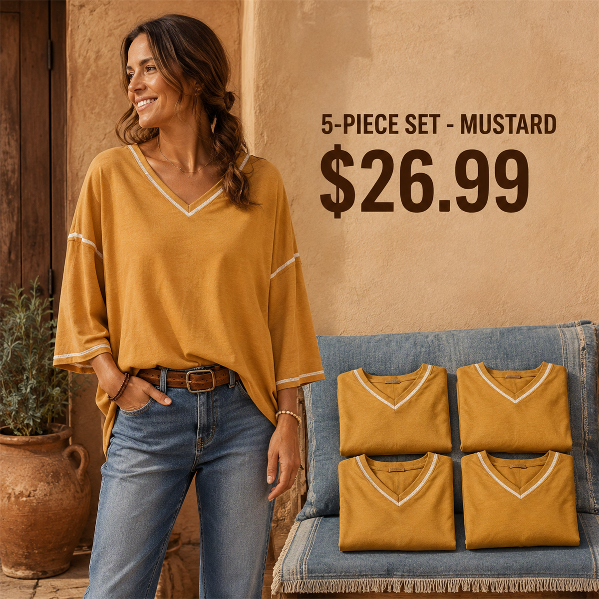 Women's Contrast-Trim Oversized V-Neck Three-Quarter-Sleeve Top - 5-Piece Charcoal Gray Set - 26.99 $