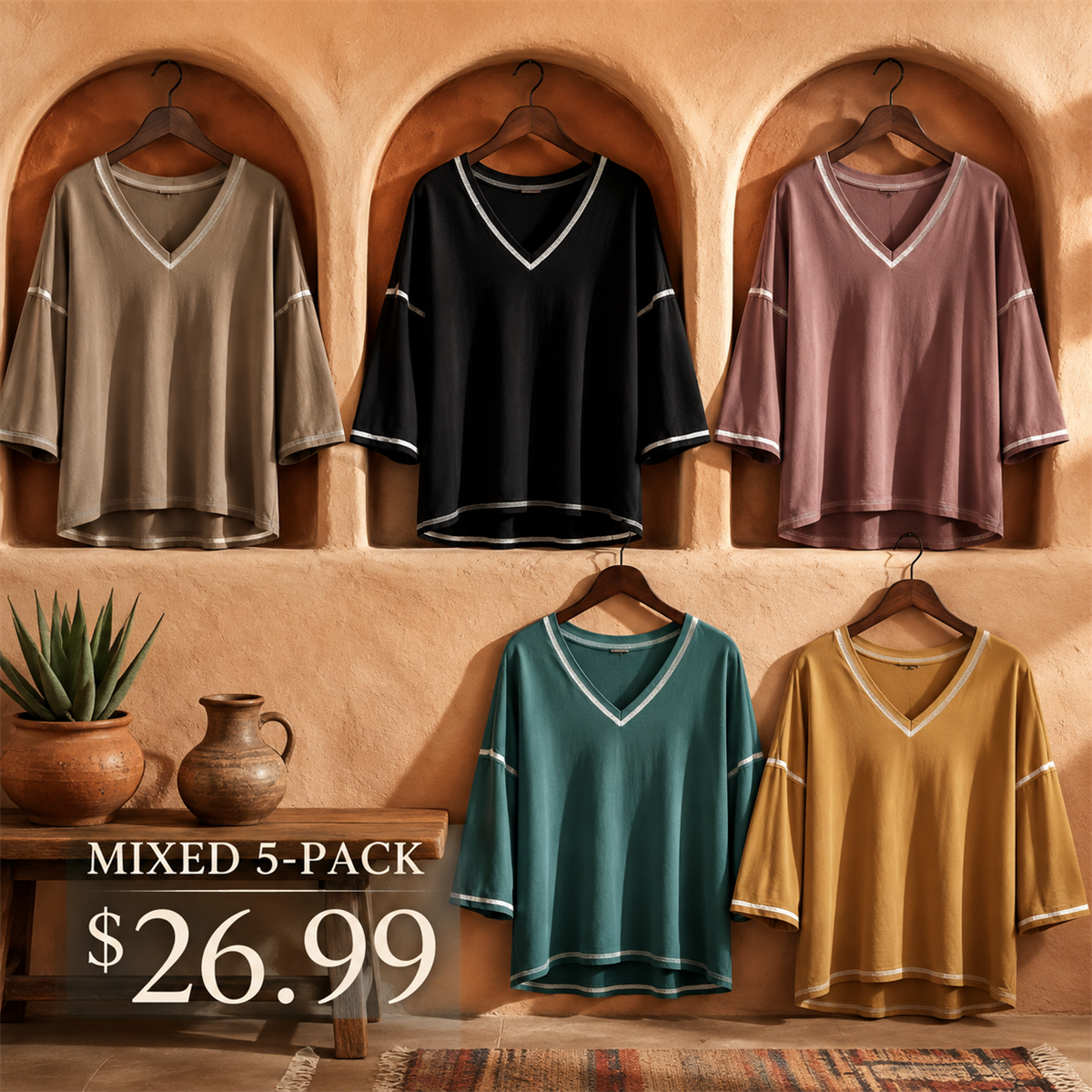 Women's Contrast-Trim Oversized V-Neck Three-Quarter-Sleeve Top - 5 Piece - Soft Color Set - 26.99 $