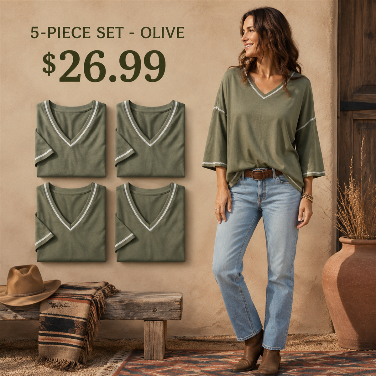 Women's Contrast-Trim Oversized V-Neck Three-Quarter-Sleeve Top - 5-Piece Olive Green Set - 26.99 $