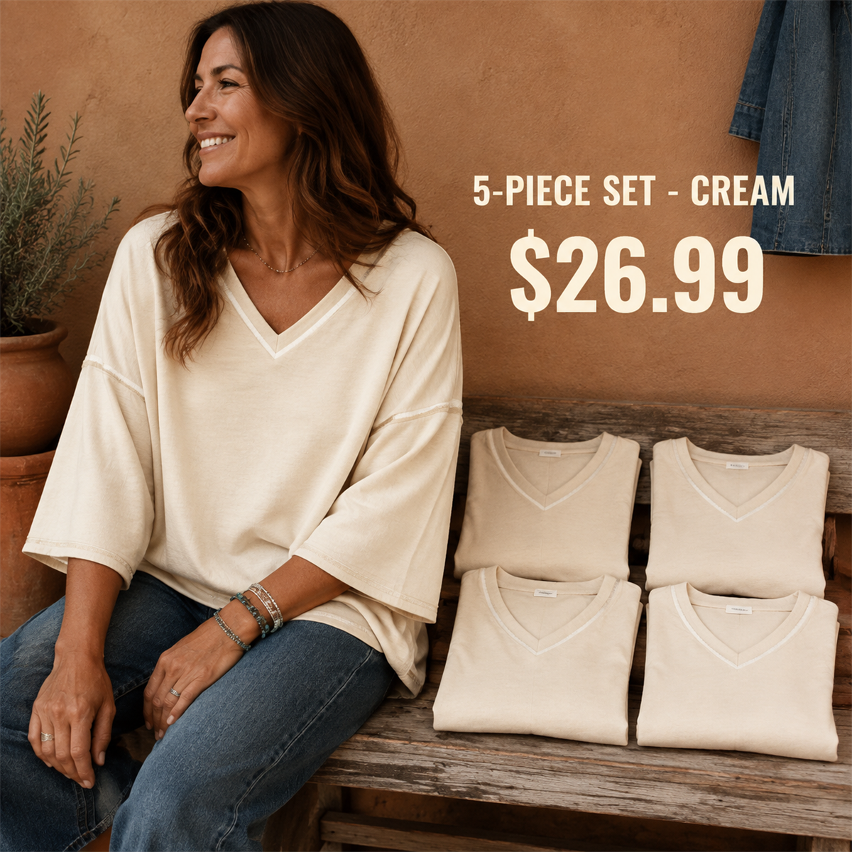 Women's Contrast-Trim Oversized V-Neck Three-Quarter-Sleeve Top - 5-Piece Ivory Set - 26.99 $