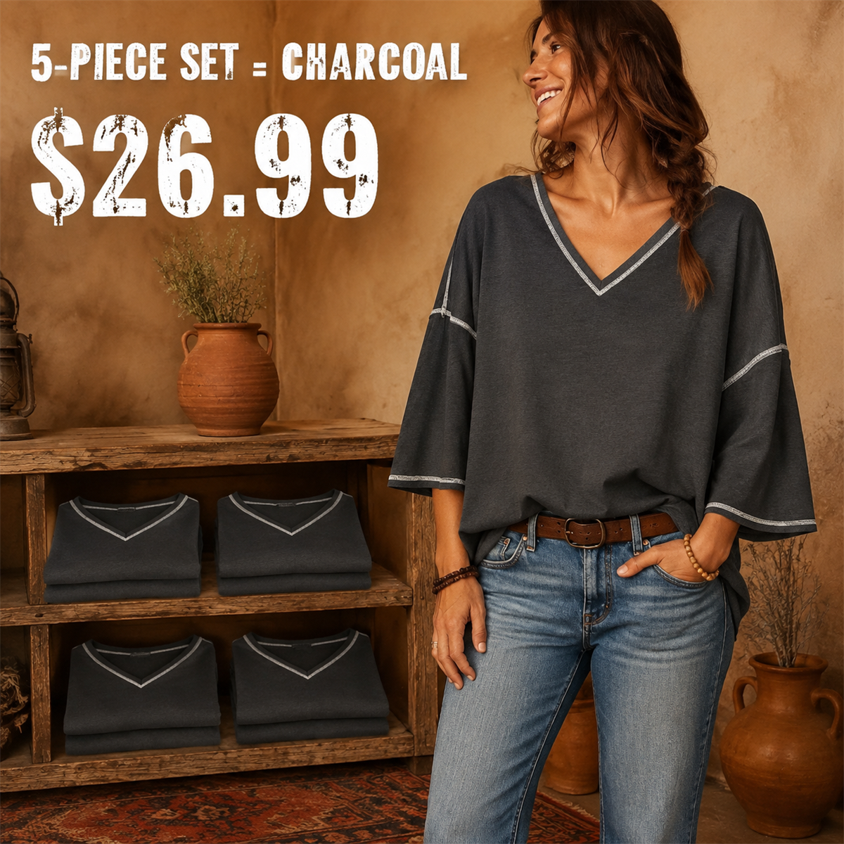 Women's Contrast-Trim Oversized V-Neck Three-Quarter-Sleeve Top - 5-Piece Black Set - 26.99 $