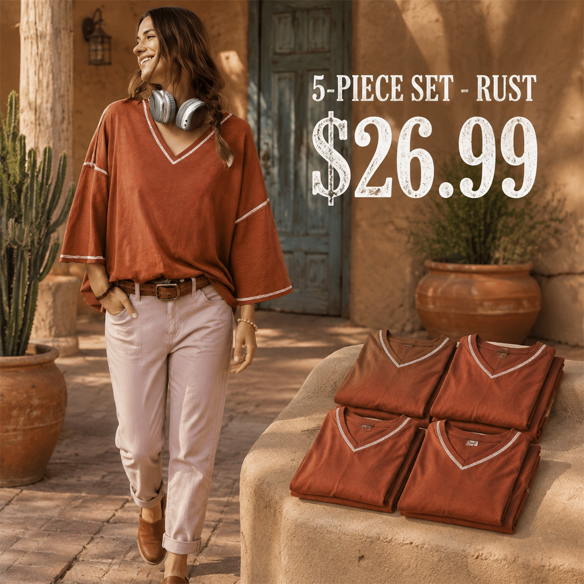 Women's Contrast-Trim Oversized V-Neck Three-Quarter-Sleeve Top - 5-Piece Navy Set - 26.99 $
