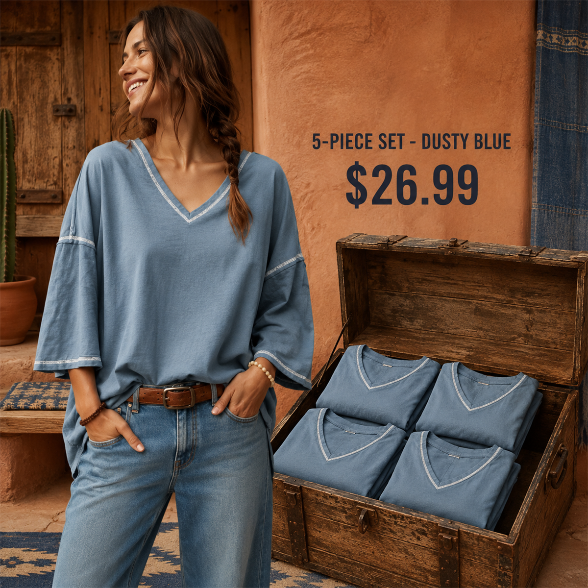 Women's Contrast-Trim Oversized V-Neck Three-Quarter-Sleeve Top - 5-Piece Camel Set - 26.99 $