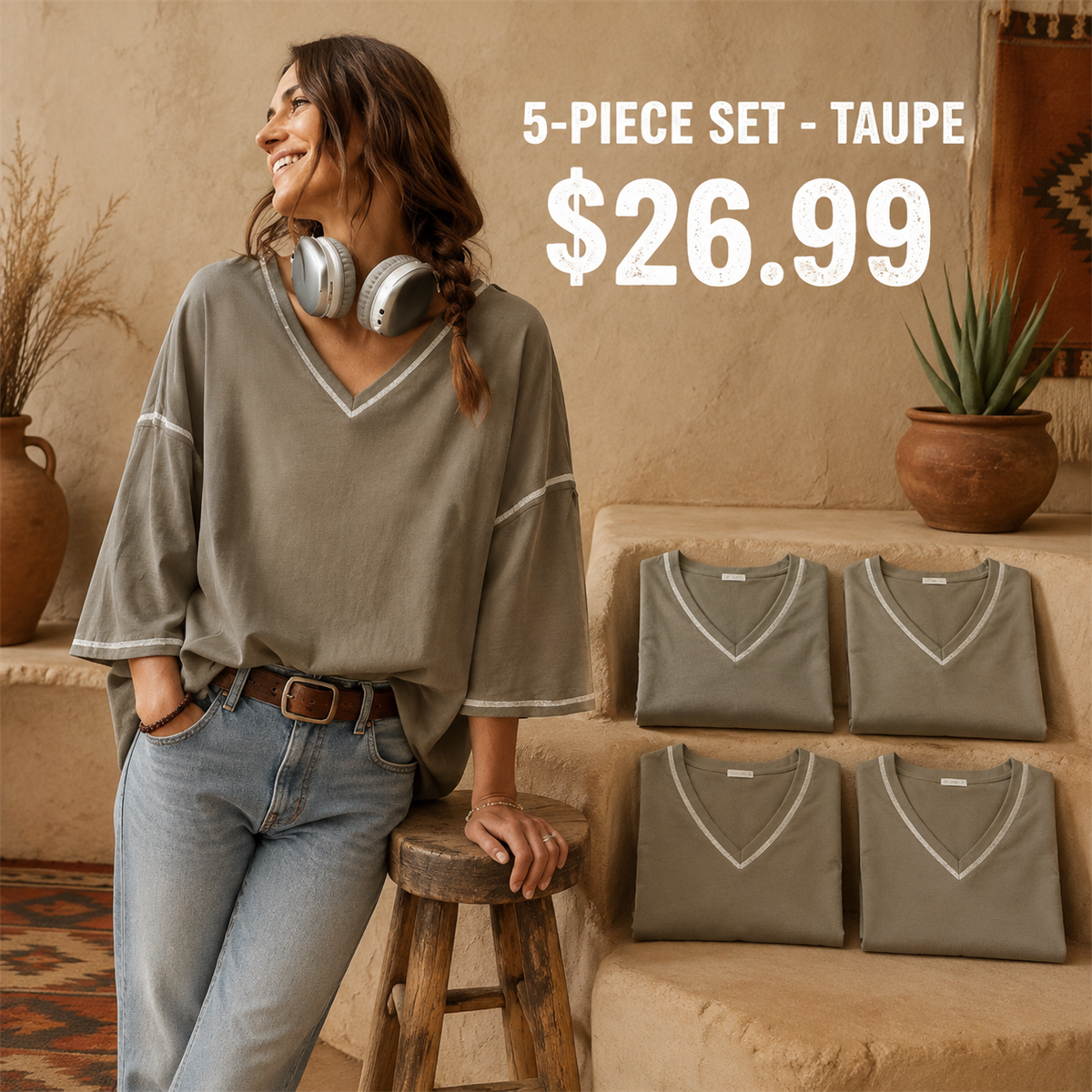 Women's Contrast-Trim Oversized V-Neck Three-Quarter-Sleeve Top - 5-Piece Dusty Blue Set - 26.99 $