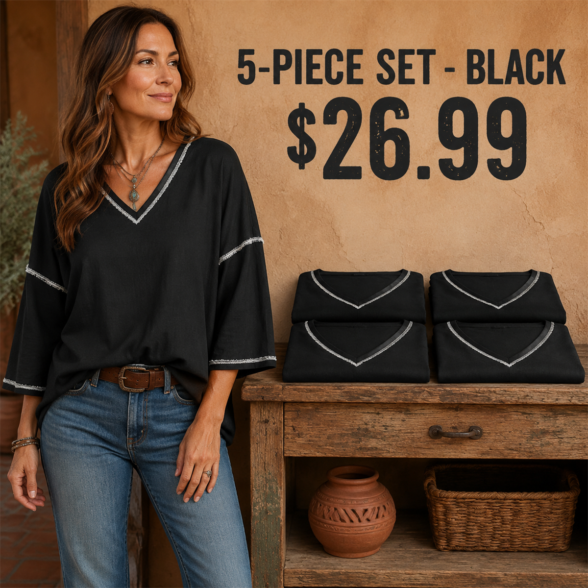 Women's Contrast-Trim Oversized V-Neck Three-Quarter-Sleeve Top - 5-Piece Burgundy Set - 26.99 $
