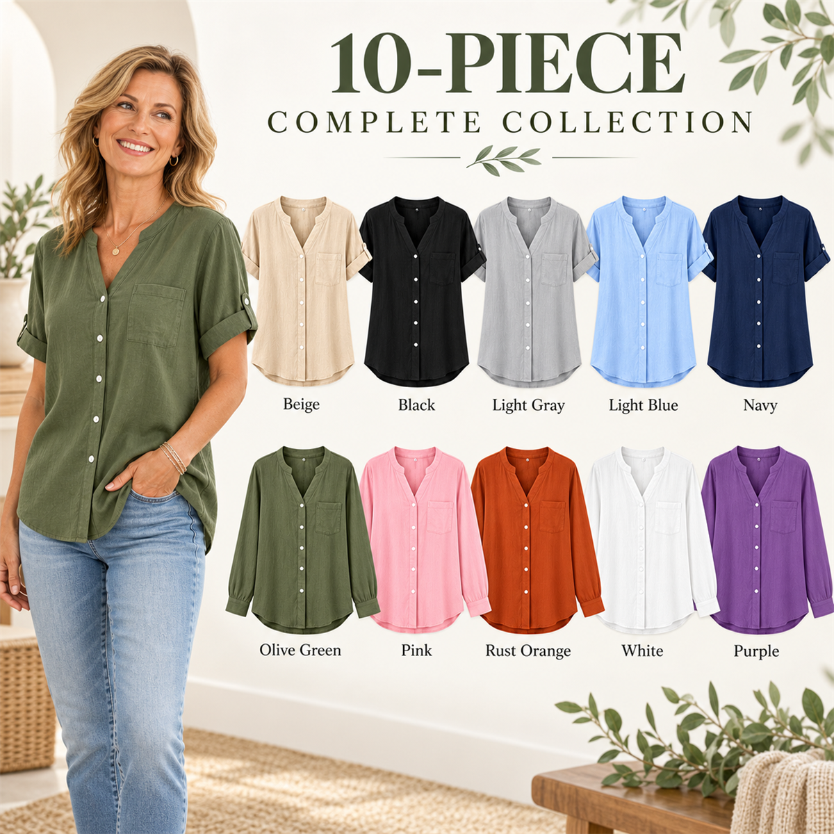 Women's Casual V-Neck Button-Front Pocket Blouse - 10-Piece Complete Color Collection
