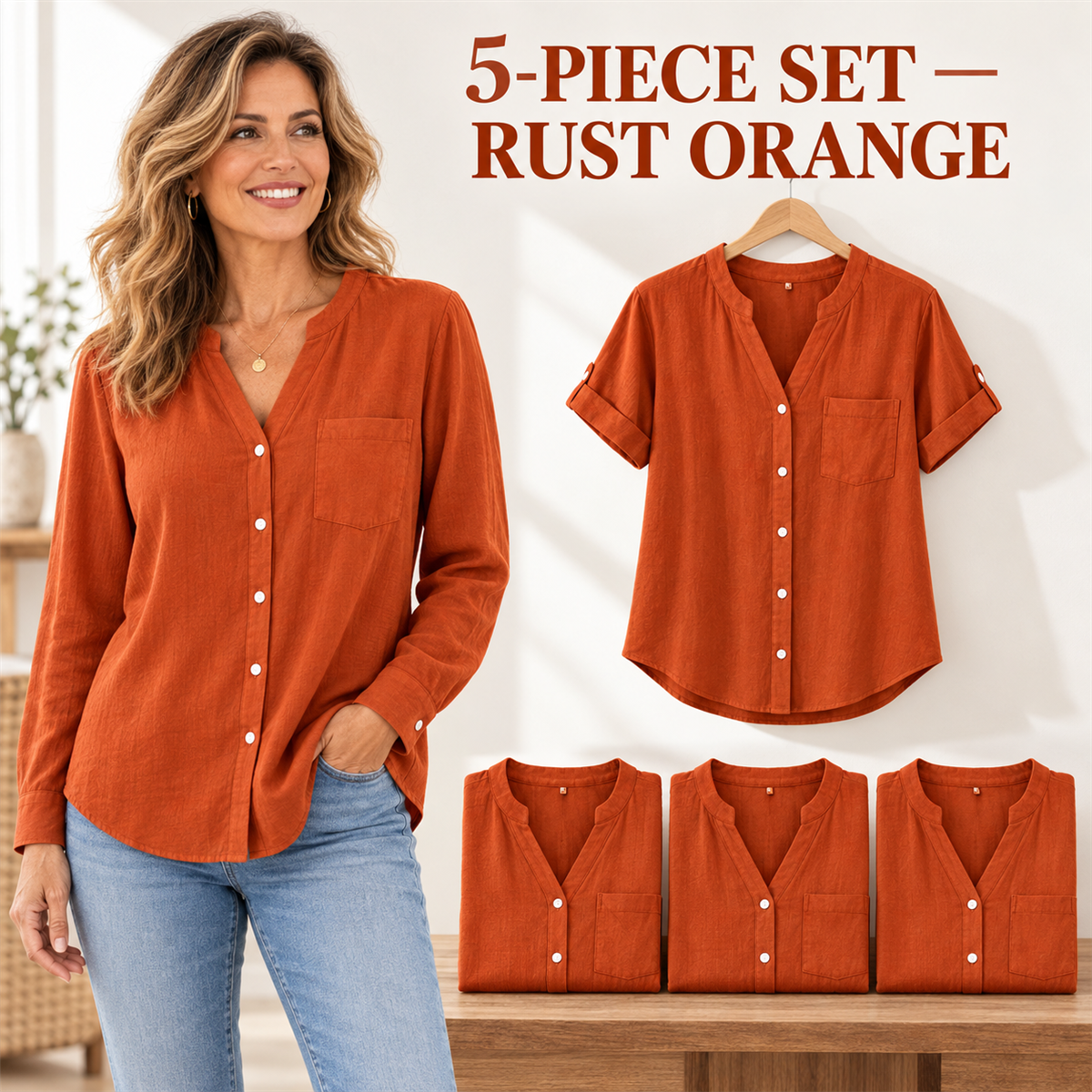 Women's Casual V-Neck Button-Front Pocket Blouse - 5-Piece Rust Orange Set