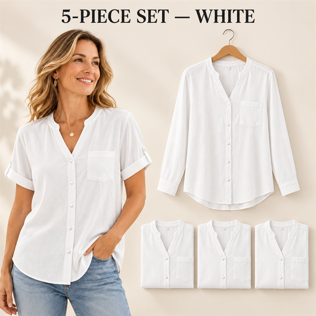 Women's Casual V-Neck Button-Front Pocket Blouse - 5-Piece White Set