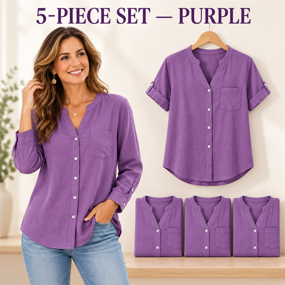 Women's Casual V-Neck Button-Front Pocket Blouse - 5-Piece Purple Set
