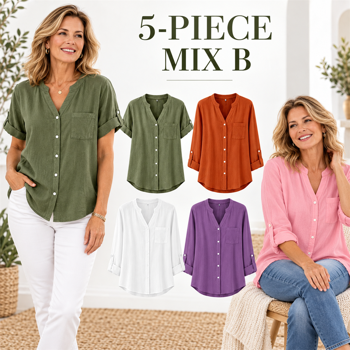 Women's Casual V-Neck Button-Front Pocket Blouse - 5-Piece Soft Color Set