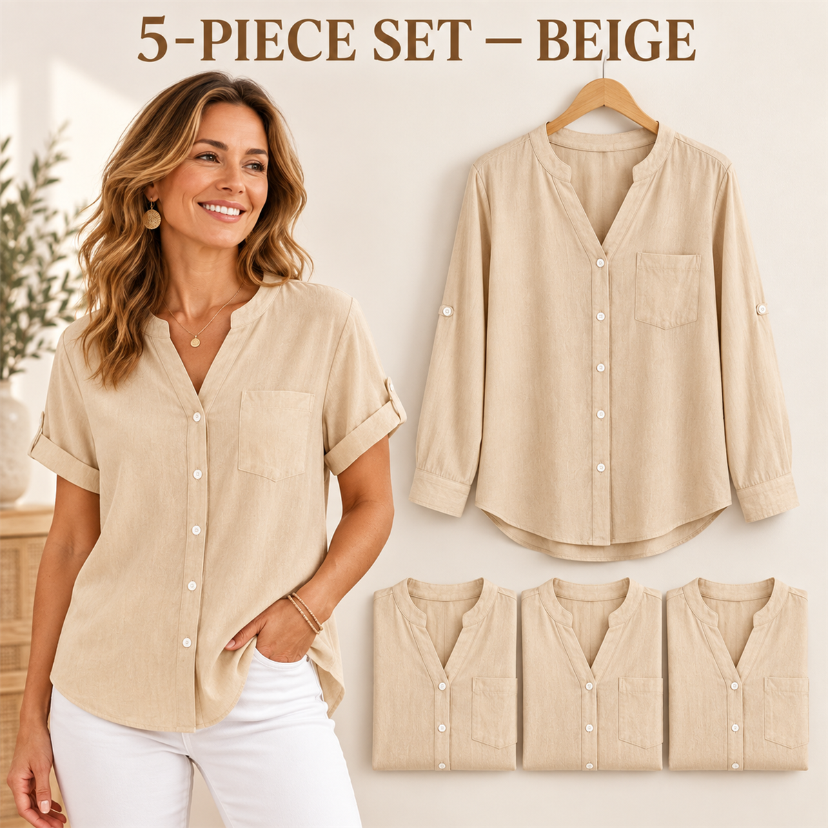 Women's Casual V-Neck Button-Front Pocket Blouse - 5-Piece Beige Set