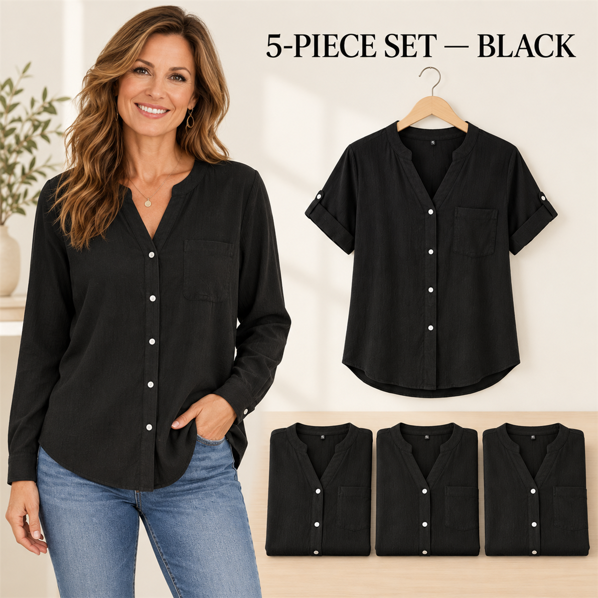 Women's Casual V-Neck Button-Front Pocket Blouse - 5-Piece Black Set