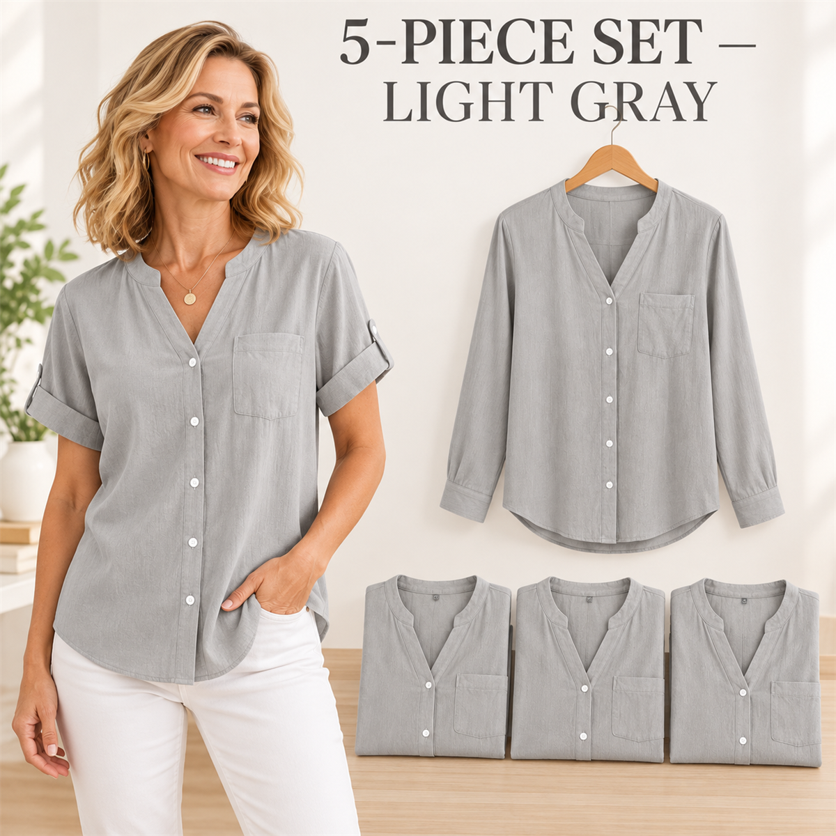 Women's Casual V-Neck Button-Front Pocket Blouse - 5-Piece Light Gray Set