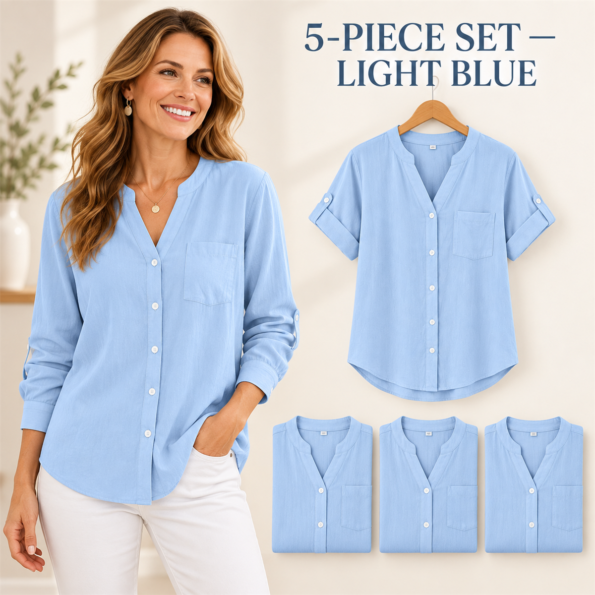 Women's Casual V-Neck Button-Front Pocket Blouse - 5-Piece Light Blue Set