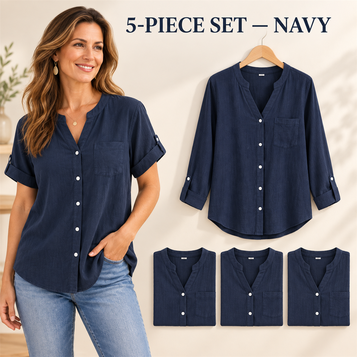 Women's Casual V-Neck Button-Front Pocket Blouse - 5-Piece Navy Set
