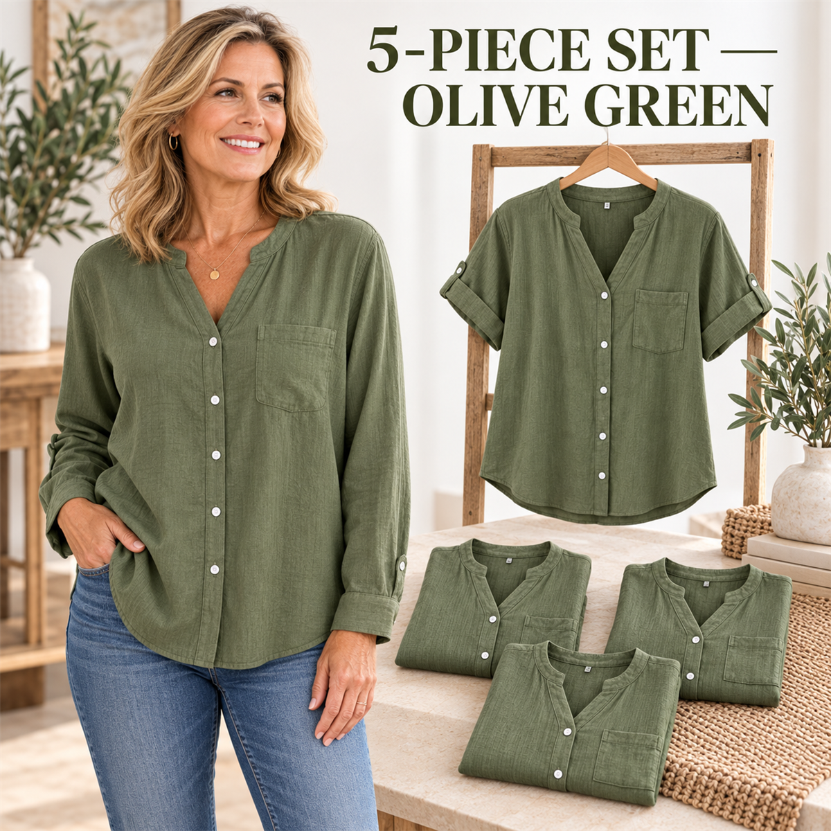 Women's Casual V-Neck Button-Front Pocket Blouse - 5-Piece Olive Green Set