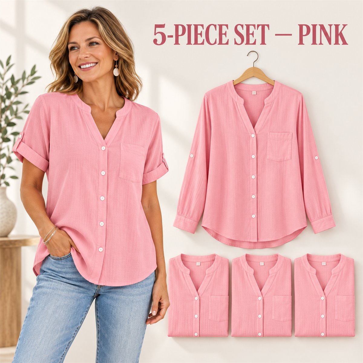Women's Casual V-Neck Button-Front Pocket Blouse - 5-Piece Pink Set