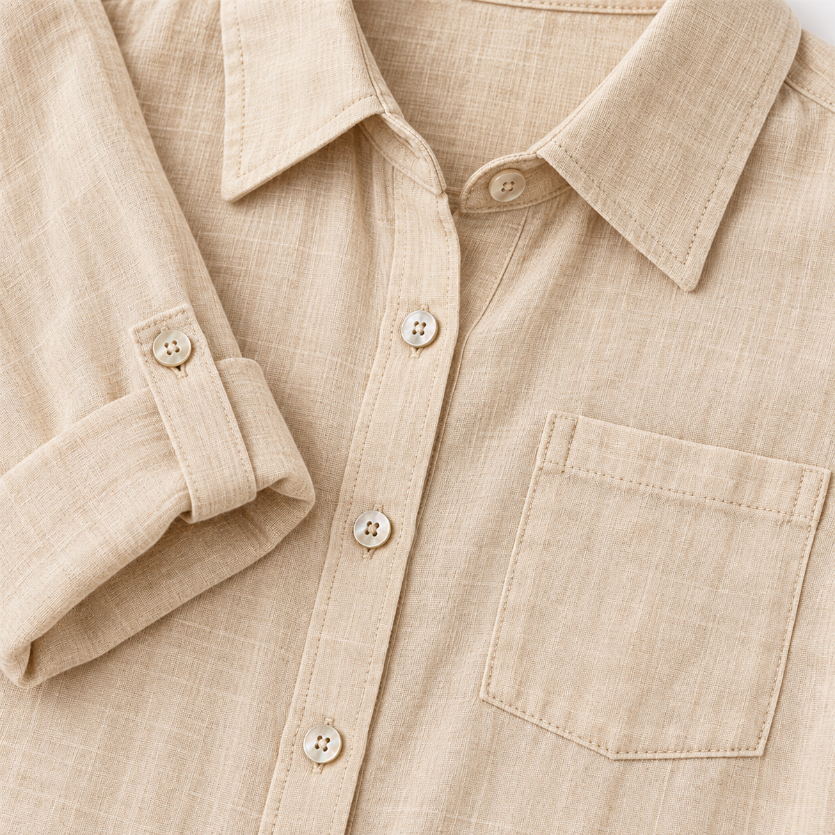 Women's Casual Linen-Look Button-Front Pocket Shirt - Close view of the neckline and front construction