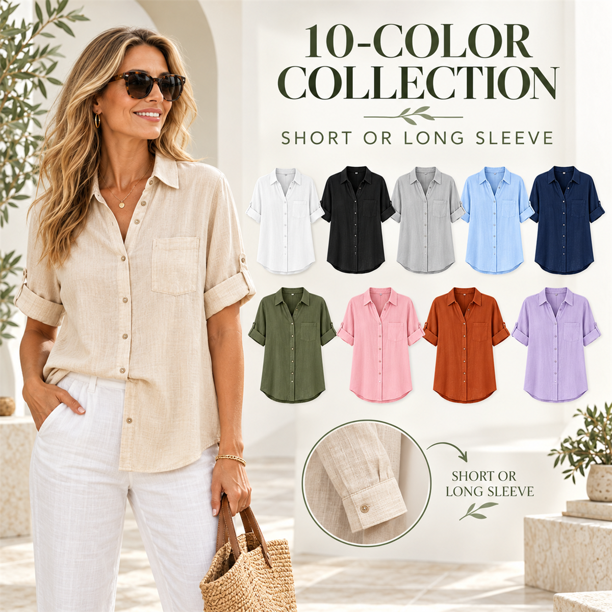 Women's Casual Linen-Look Button-Front Pocket Shirt - 10-Piece Complete Color Collection
