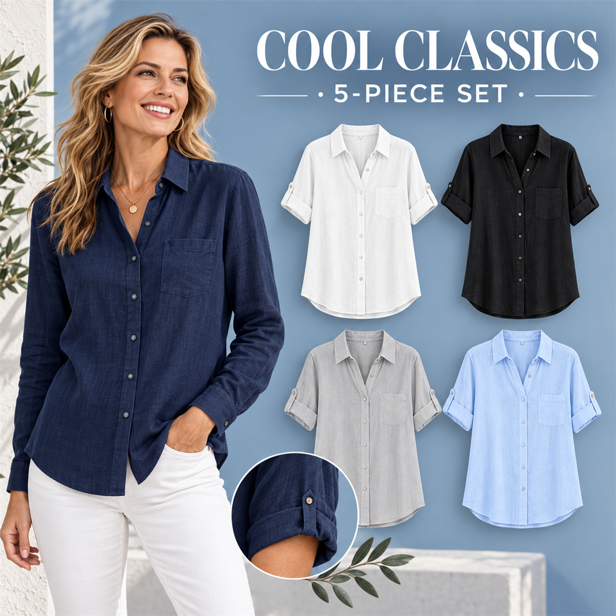 Women's Casual Linen-Look Button-Front Pocket Shirt - 5-Piece Classic Color Set