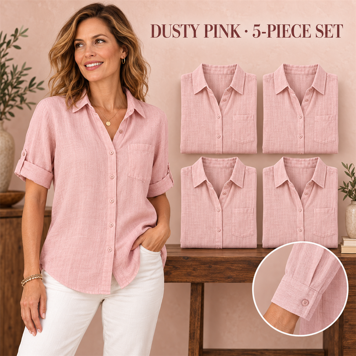 Women's Casual Linen-Look Button-Front Pocket Shirt - 5-Piece Rust Orange Set