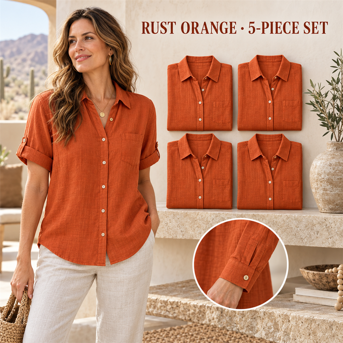 Women's Casual Linen-Look Button-Front Pocket Shirt - 5-Piece White Set