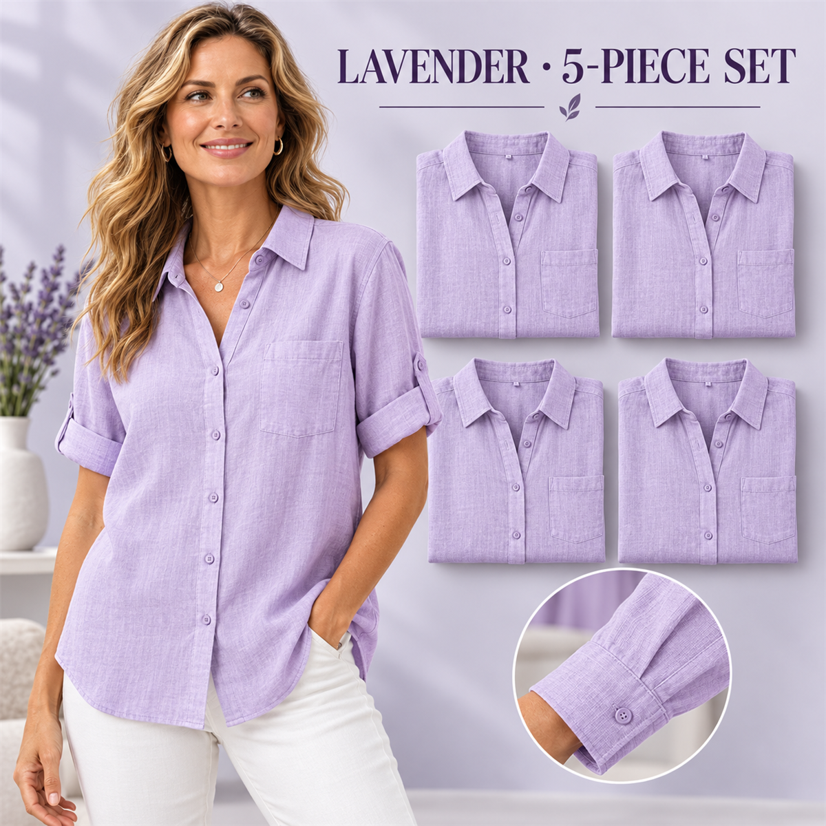 Women's Casual Linen-Look Button-Front Pocket Shirt - 5-Piece Purple Set