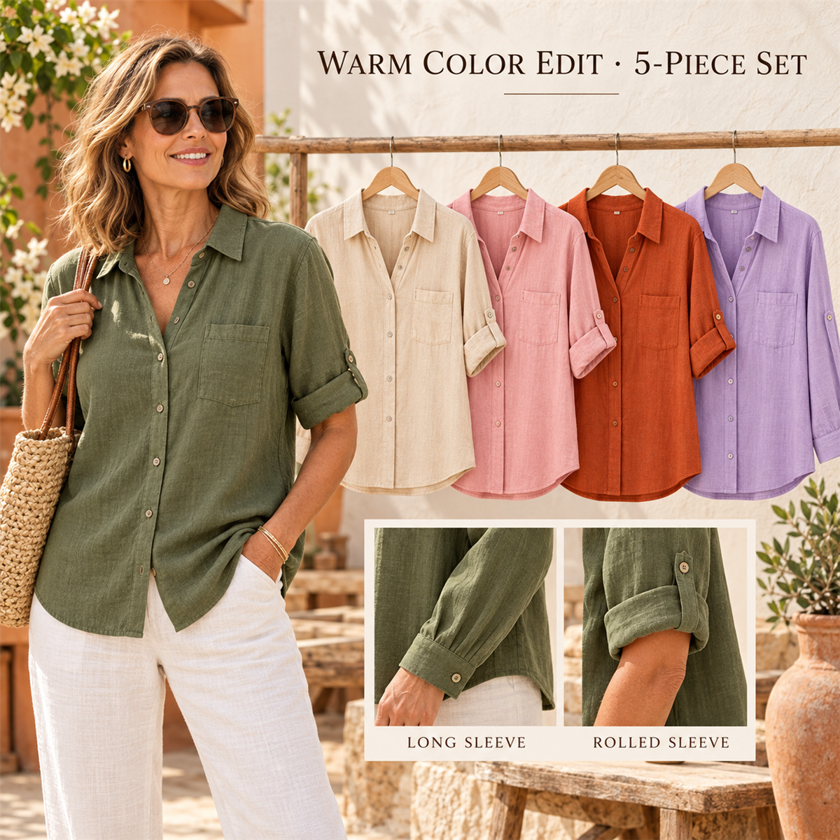 Women's Casual Linen-Look Button-Front Pocket Shirt - 5-Piece Soft Color Set