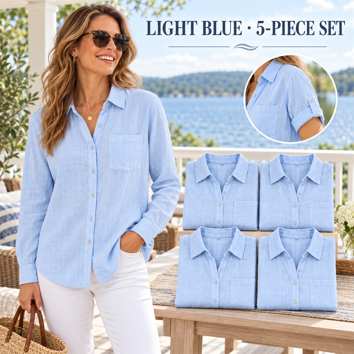 Women's Casual Linen-Look Button-Front Pocket Shirt - 5-Piece Light Blue Set