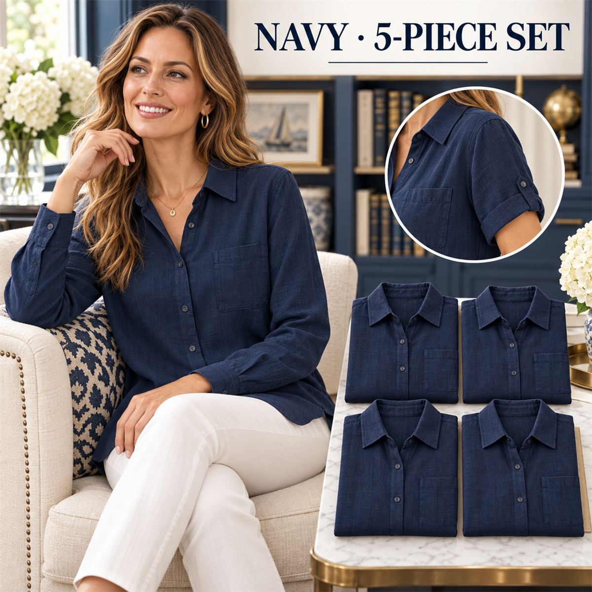 Women's Casual Linen-Look Button-Front Pocket Shirt - 5-Piece Navy Set