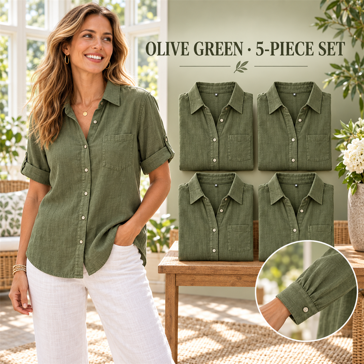 Women's Casual Linen-Look Button-Front Pocket Shirt - 5-Piece Pink Set