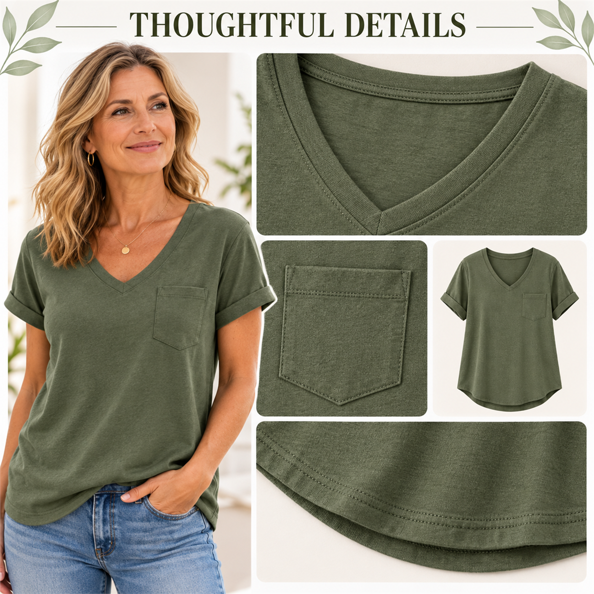 Women's V-Neck Casual Pocket T-Shirt - Close view of the neckline and front construction