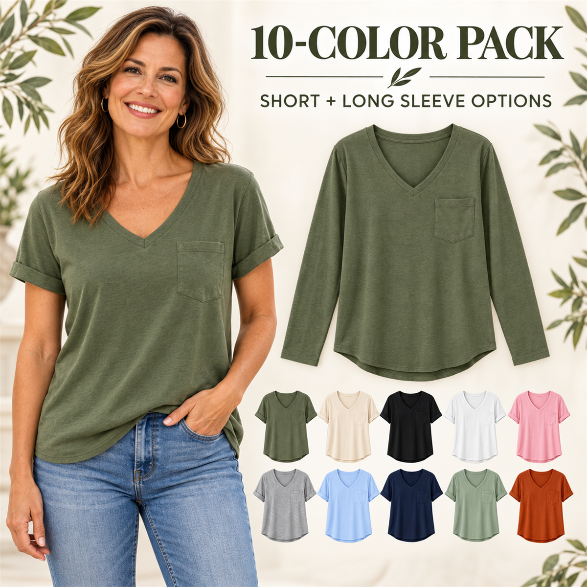Women's V-Neck Casual Pocket T-Shirt - 10-Piece Complete Color Collection