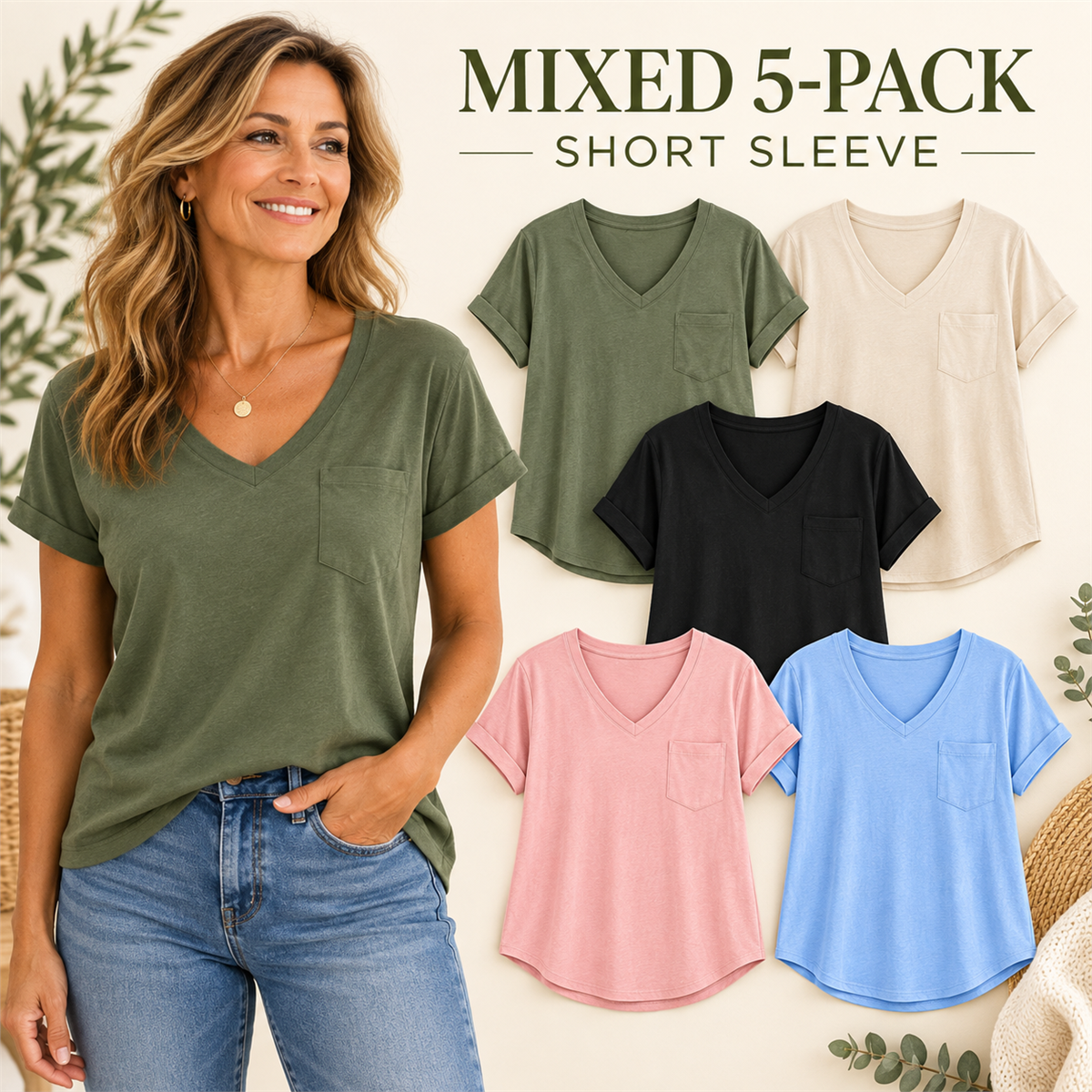 Women's V-Neck Casual Pocket T-Shirt - 5-Piece Classic Color Set