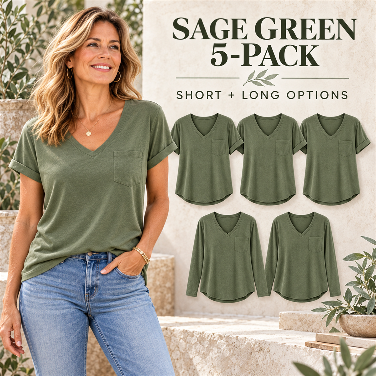 Women's V-Neck Casual Pocket T-Shirt - 5-Piece White Set