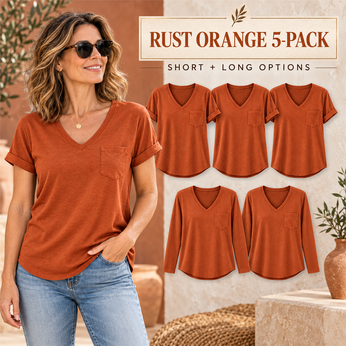 Women's V-Neck Casual Pocket T-Shirt - 5-Piece Purple Set