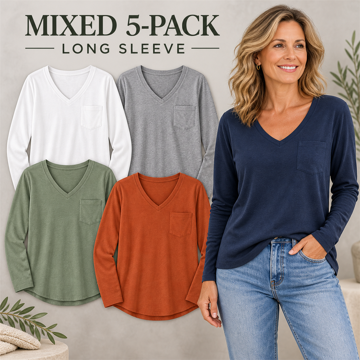 Women's V-Neck Casual Pocket T-Shirt - 5-Piece Soft Color Set