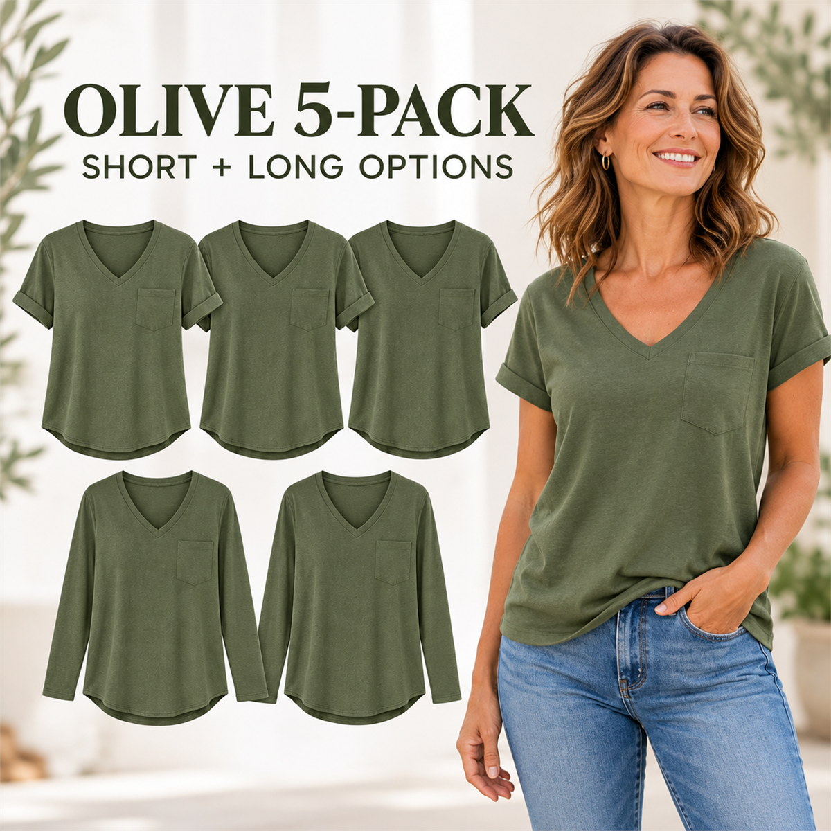 Women's V-Neck Casual Pocket T-Shirt - 5-Piece Beige Set