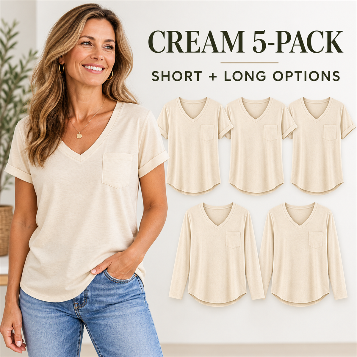 Women's V-Neck Casual Pocket T-Shirt - 5-Piece Black Set