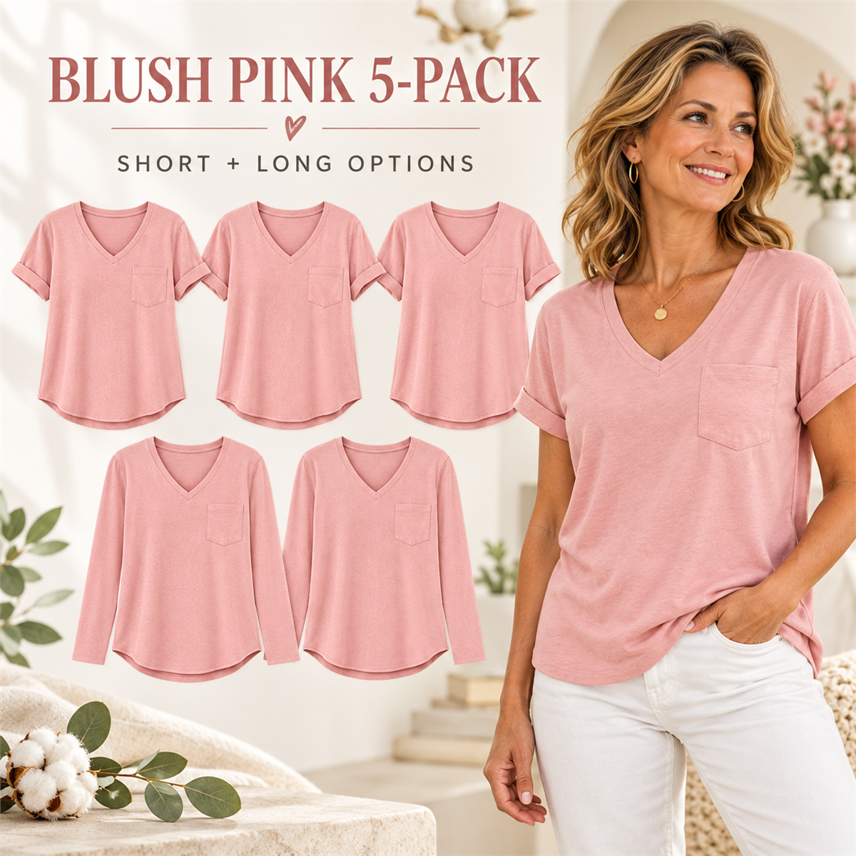 Women's V-Neck Casual Pocket T-Shirt - 5-Piece Navy Set