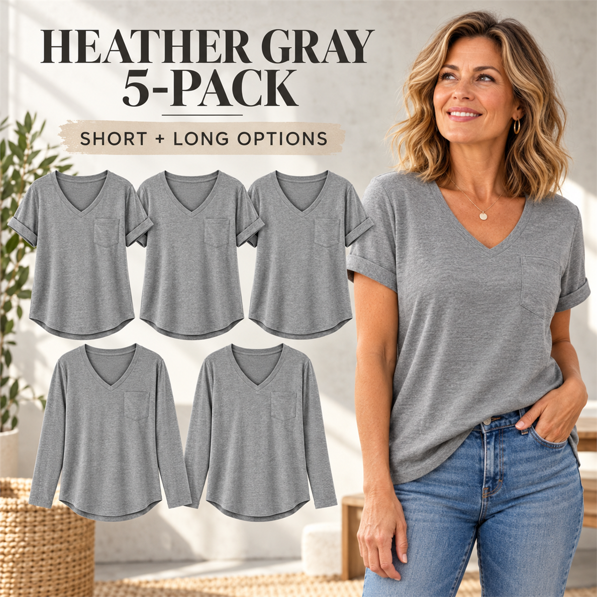 Women's V-Neck Casual Pocket T-Shirt - 5-Piece Olive Green Set