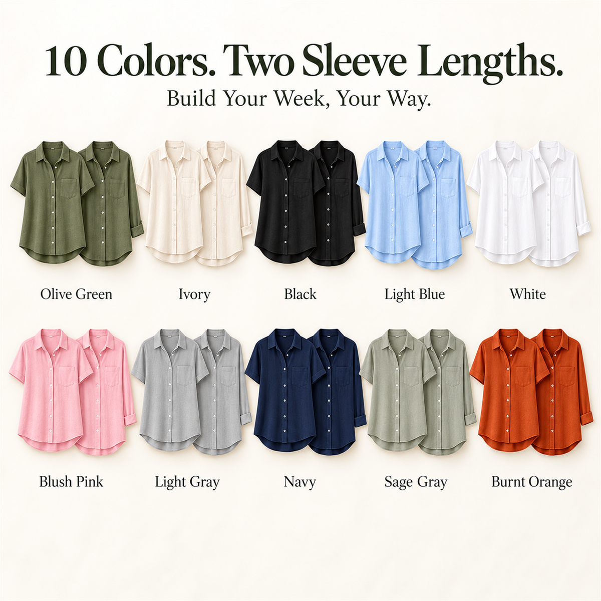 Women's Linen-Look Button-Down Shirt - 10-Piece Complete Color Collection