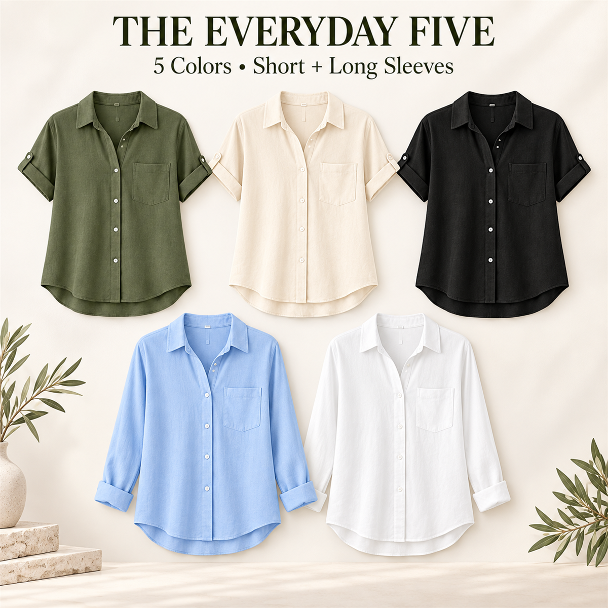 Women's Linen-Look Button-Down Shirt - 5-Piece Classic Color Set