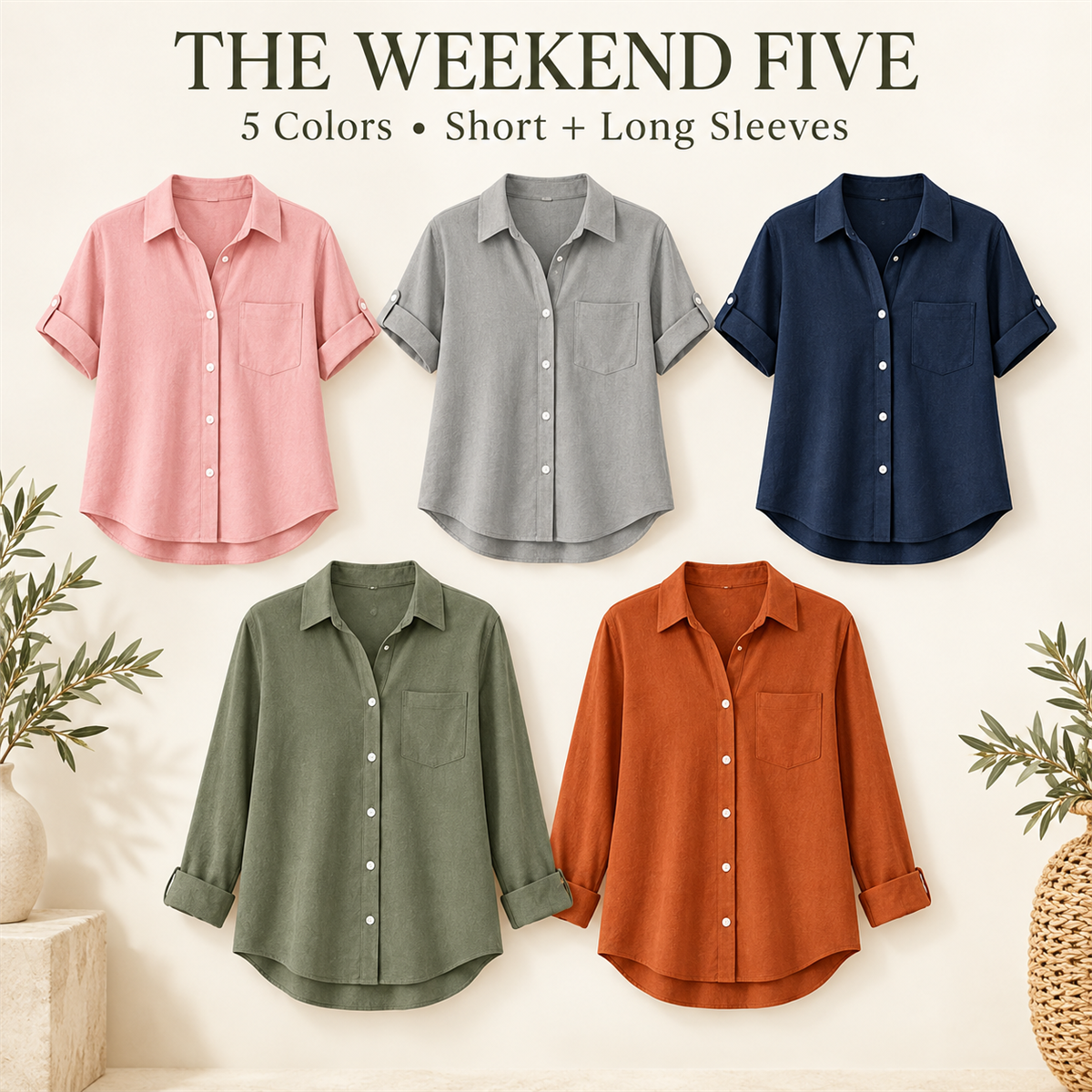 Women's Linen-Look Button-Down Shirt - 5-Piece Soft Color Set