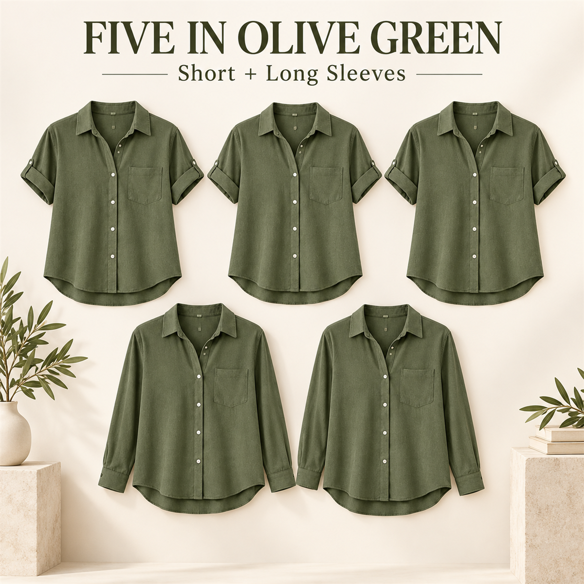 Women's Linen-Look Button-Down Shirt - 5-Piece Beige Set